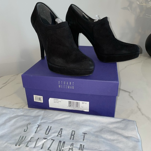 Stuart Weitzman Black Suede Upkeep Platform Ankle Boot 7 - Picture 3 of 9